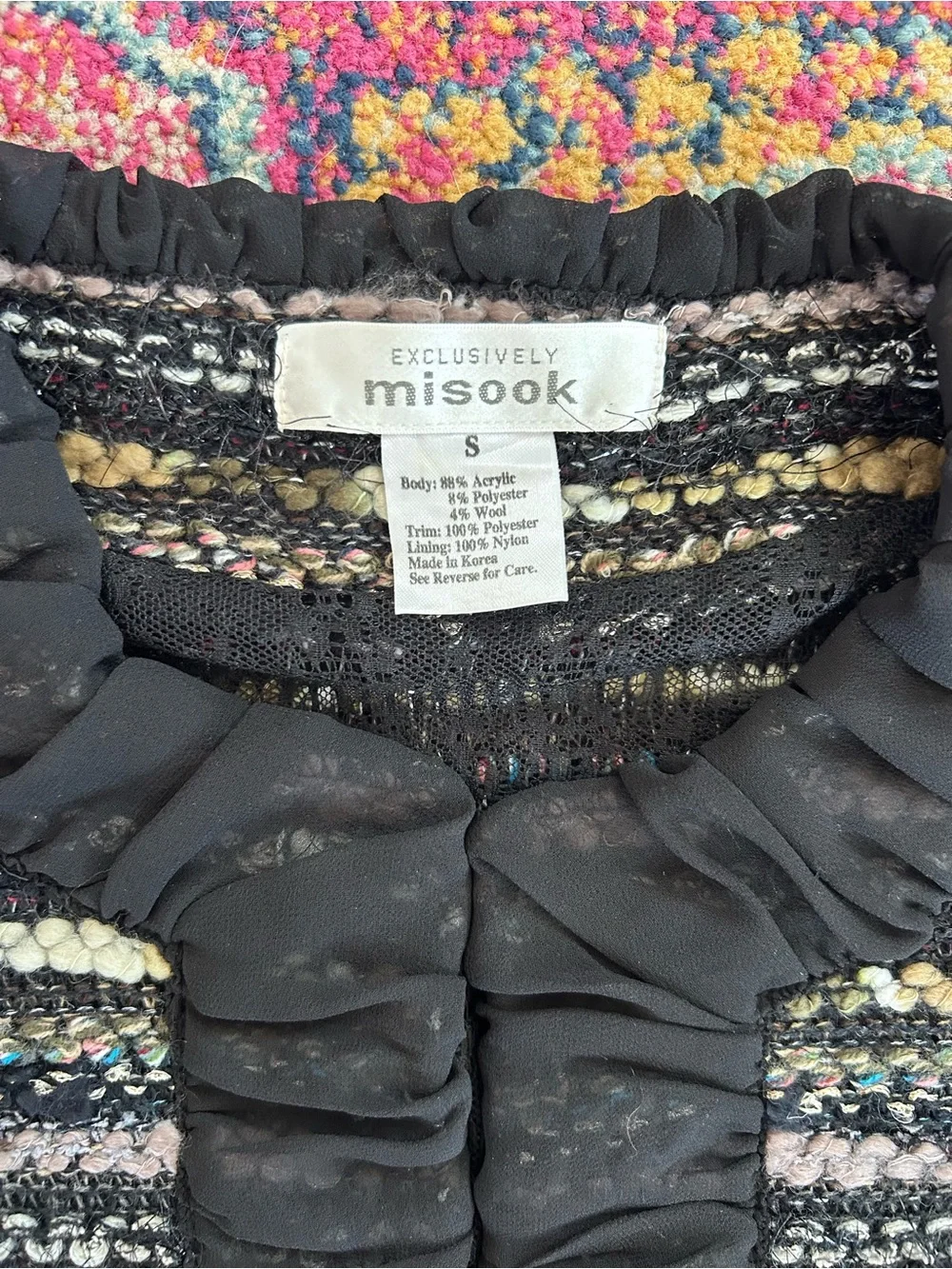 Misook | Women’s Black/Multi Knit Front Clasp Long Sleeve Collarless Blazer Sz S